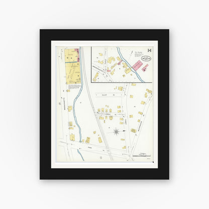 Old map wall art mockup — black gallery frame with white mat — Sanborn Fire Insurance Map from Arlington, Middlesex County, Massachusetts (1908), Sheet #0014