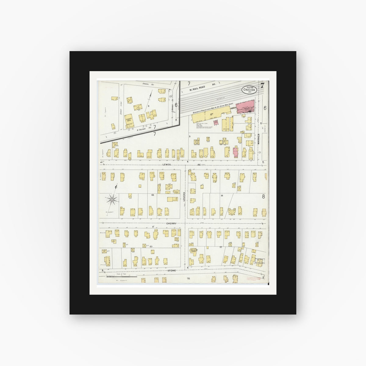 Old map wall art mockup — black gallery frame with white mat — Sanborn Fire Insurance Map from Oneida, Madison County, New York (1899), Sheet #0007