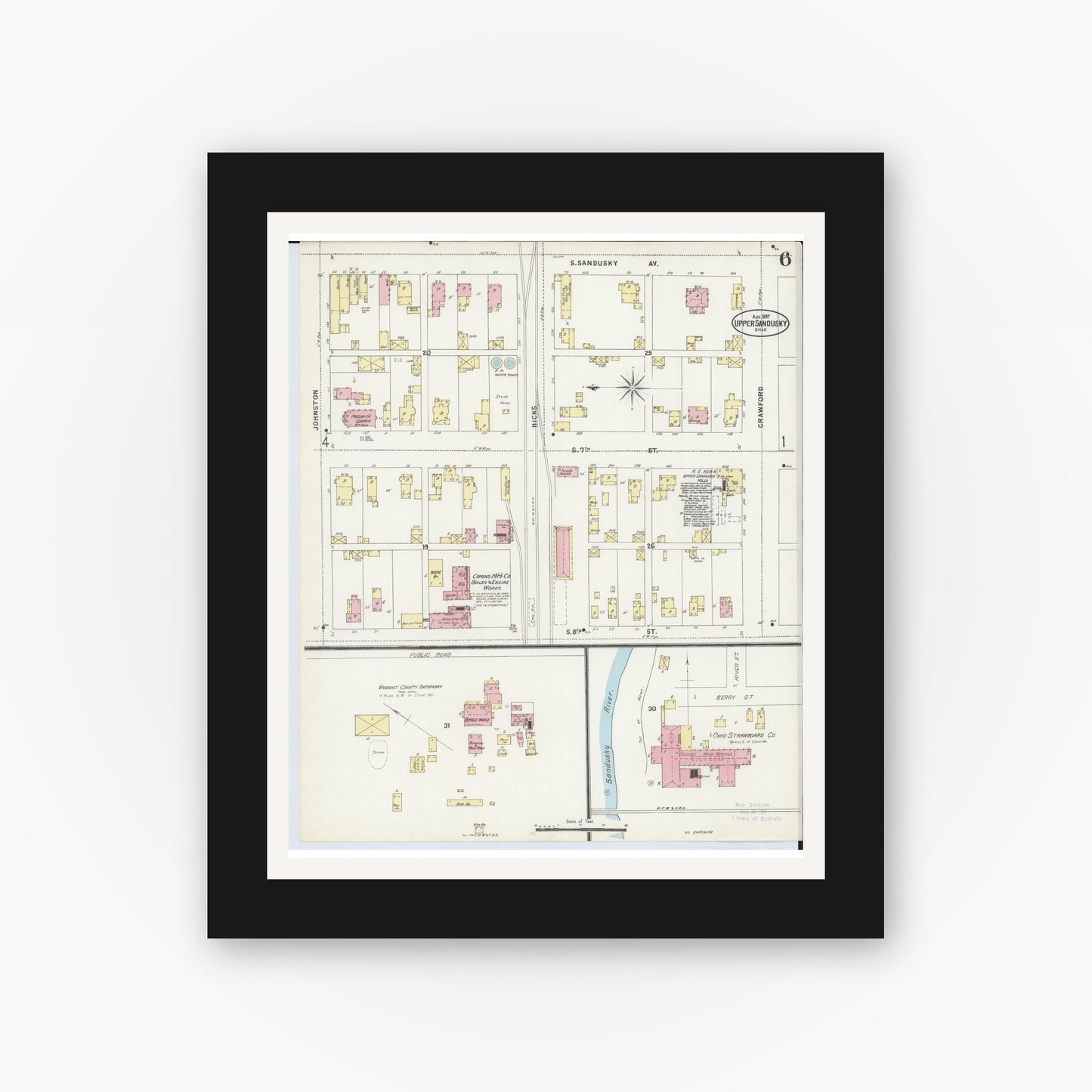 Old map wall art mockup — black gallery frame with white mat — Sanborn Fire Insurance Map from Upper Sandusky, Wyandot County, Ohio (1897), Sheet #0006