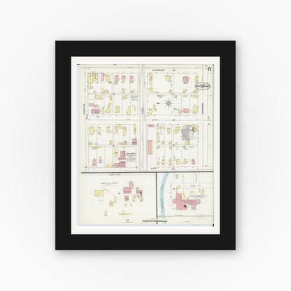 Old map wall art mockup — black gallery frame with white mat — Sanborn Fire Insurance Map from Upper Sandusky, Wyandot County, Ohio (1897), Sheet #0006