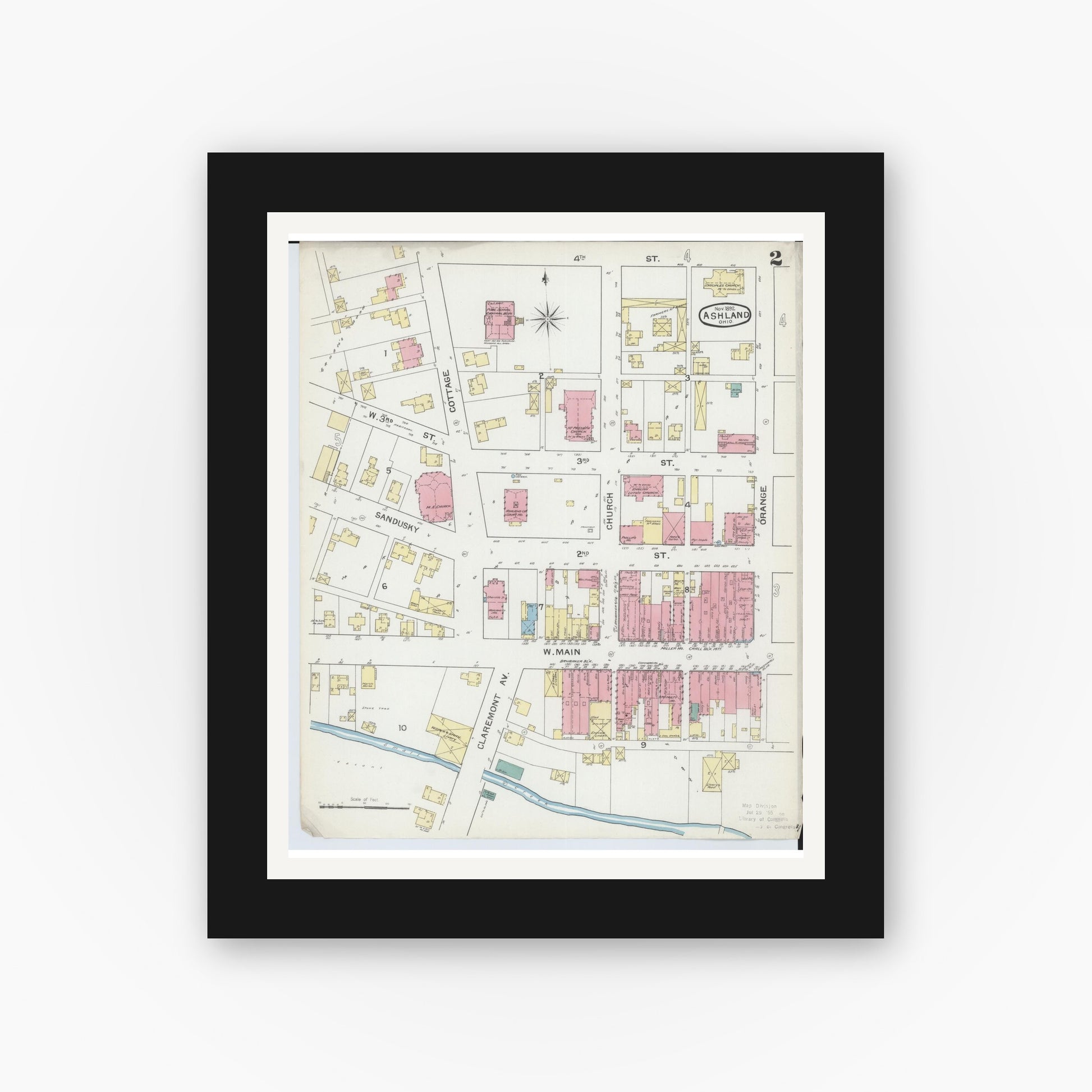 Old map wall art mockup — black gallery frame with white mat — Sanborn Fire Insurance Map from Ashland, Ashland County, Ohio (1893), Sheet #0002