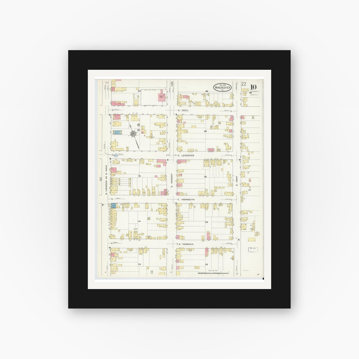Old map wall art mockup — black gallery frame with white mat — Sanborn Fire Insurance Map from Winchester, Independent Cities, Virginia (1912), Sheet #0010