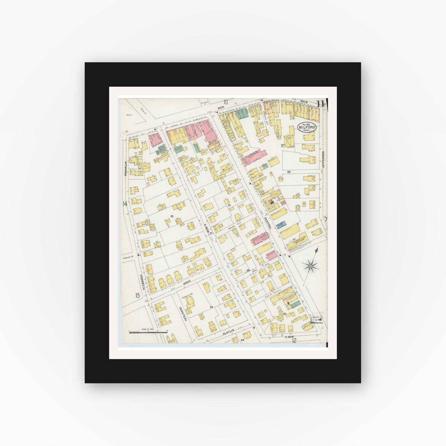 Old map wall art mockup — black gallery frame with white mat — Sanborn Fire Insurance Map from Milford, Worcester County, Massachusetts (1903), Sheet #0011