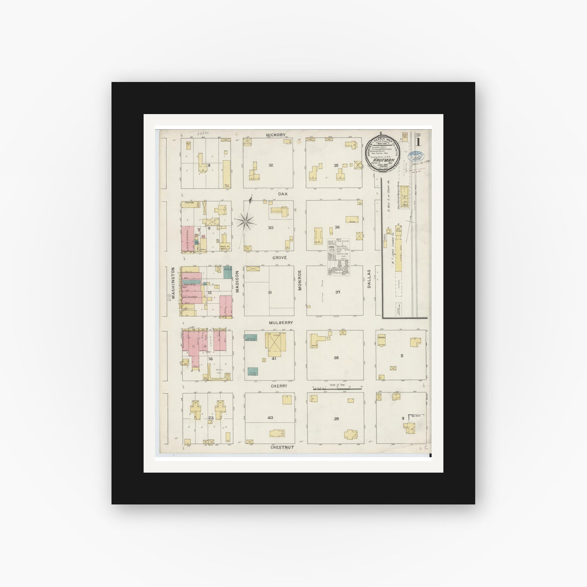 Old map wall art mockup — black gallery frame with white mat — Sanborn Fire Insurance Map from Kaufman, Kaufman County, Texas (1894) - Complete Map Set