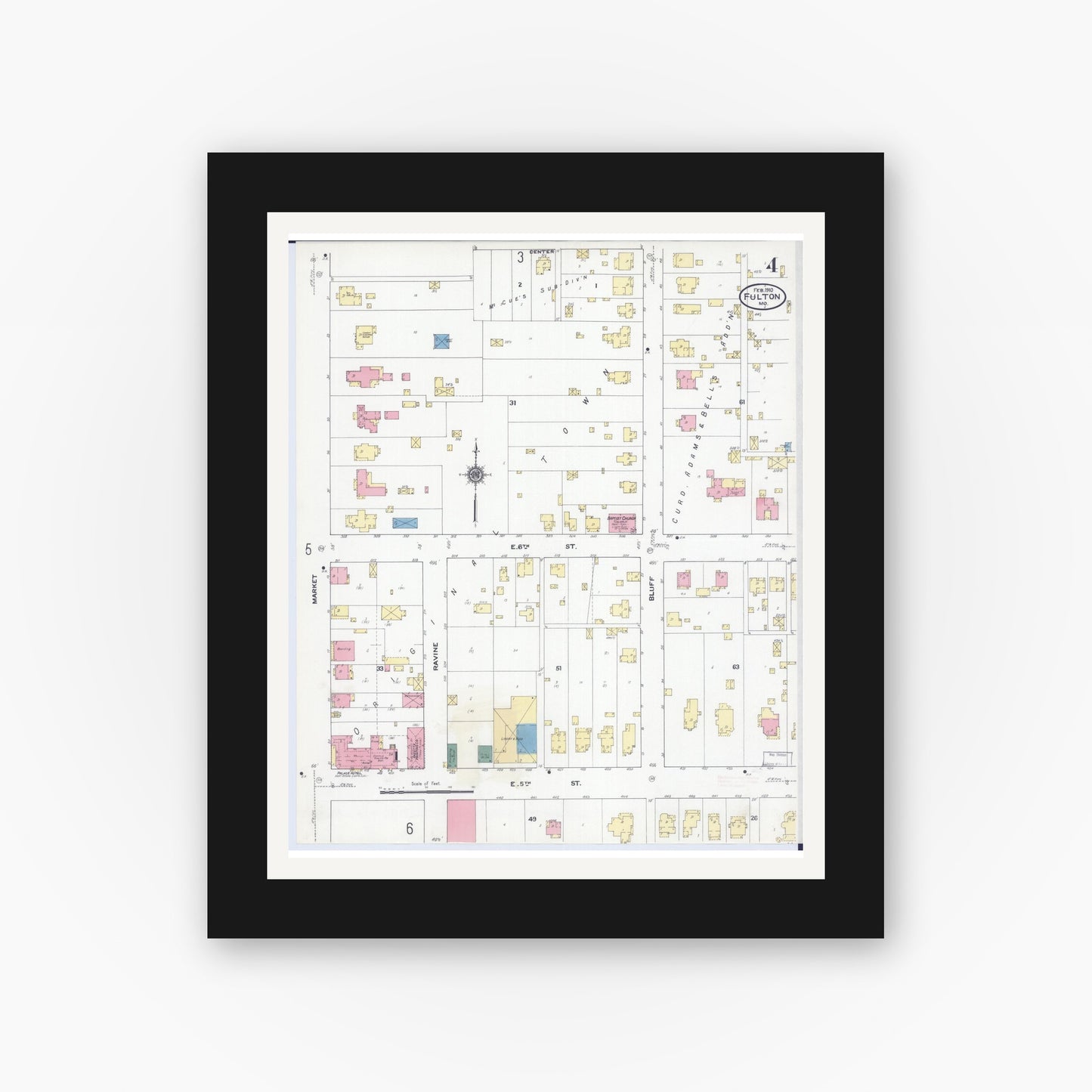 Old map wall art mockup — black gallery frame with white mat — Sanborn Fire Insurance Map from Fulton, Callaway County, Missouri (1910), Sheet #0004