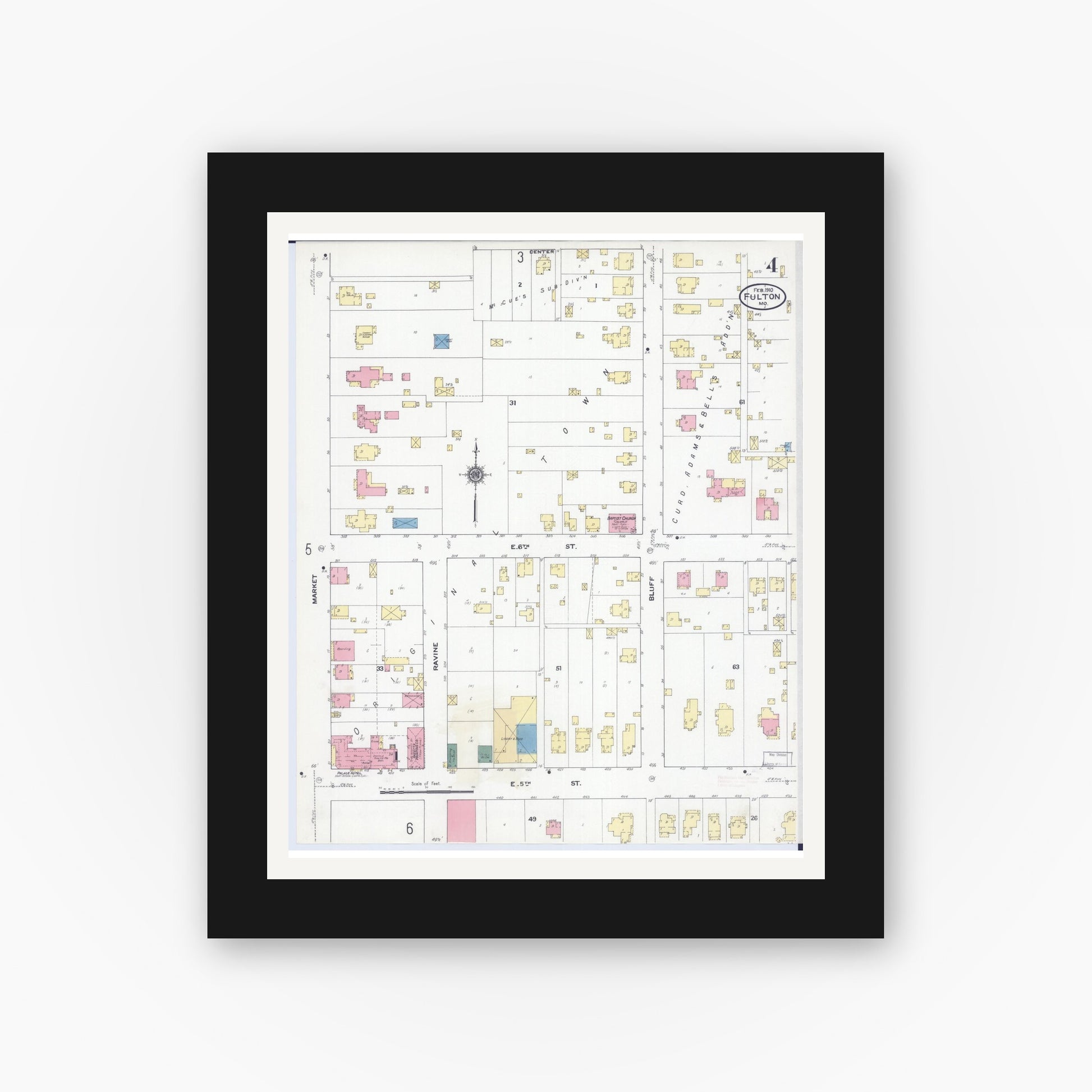 Old map wall art mockup — black gallery frame with white mat — Sanborn Fire Insurance Map from Fulton, Callaway County, Missouri (1910), Sheet #0004