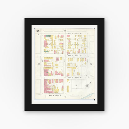 Old map wall art mockup — black gallery frame with white mat — Sanborn Fire Insurance Map from Hamilton, Butler County, Ohio (1899), Sheet #0053