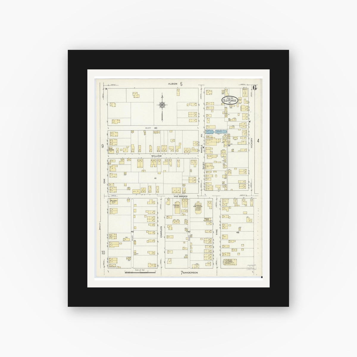 Old map wall art mockup — black gallery frame with white mat — Sanborn Fire Insurance Map from Old Forge, Lackawanna County, Pennsylvania (1914), Sheet #0006