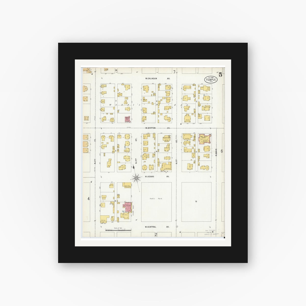 Old map wall art mockup — black gallery frame with white mat — Sanborn Fire Insurance Map from Temple, Bell County, Texas (1900), Sheet #0005