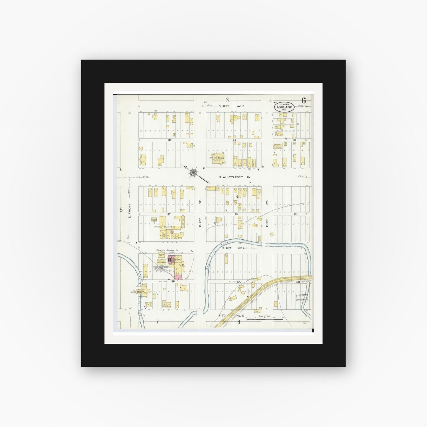 Old map wall art mockup — black gallery frame with white mat — Sanborn Fire Insurance Map from Ashland, Ashland County, Wisconsin (1909), Sheet #0006