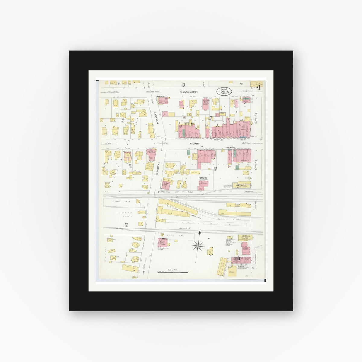 Old map wall art mockup — black gallery frame with white mat — Sanborn Fire Insurance Map from Ionia, Ionia County, Michigan (1907), Sheet #0004