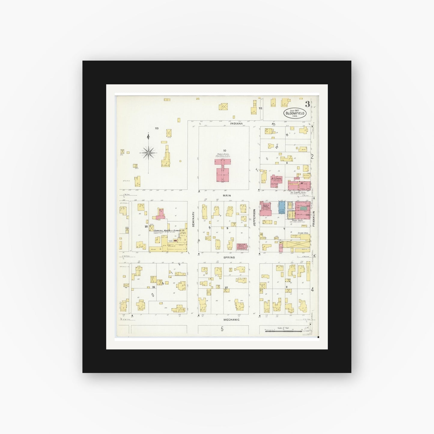 Old map wall art mockup — black gallery frame with white mat — Sanborn Fire Insurance Map from Bloomfield, Greene County, Indiana (1907), Sheet #0003
