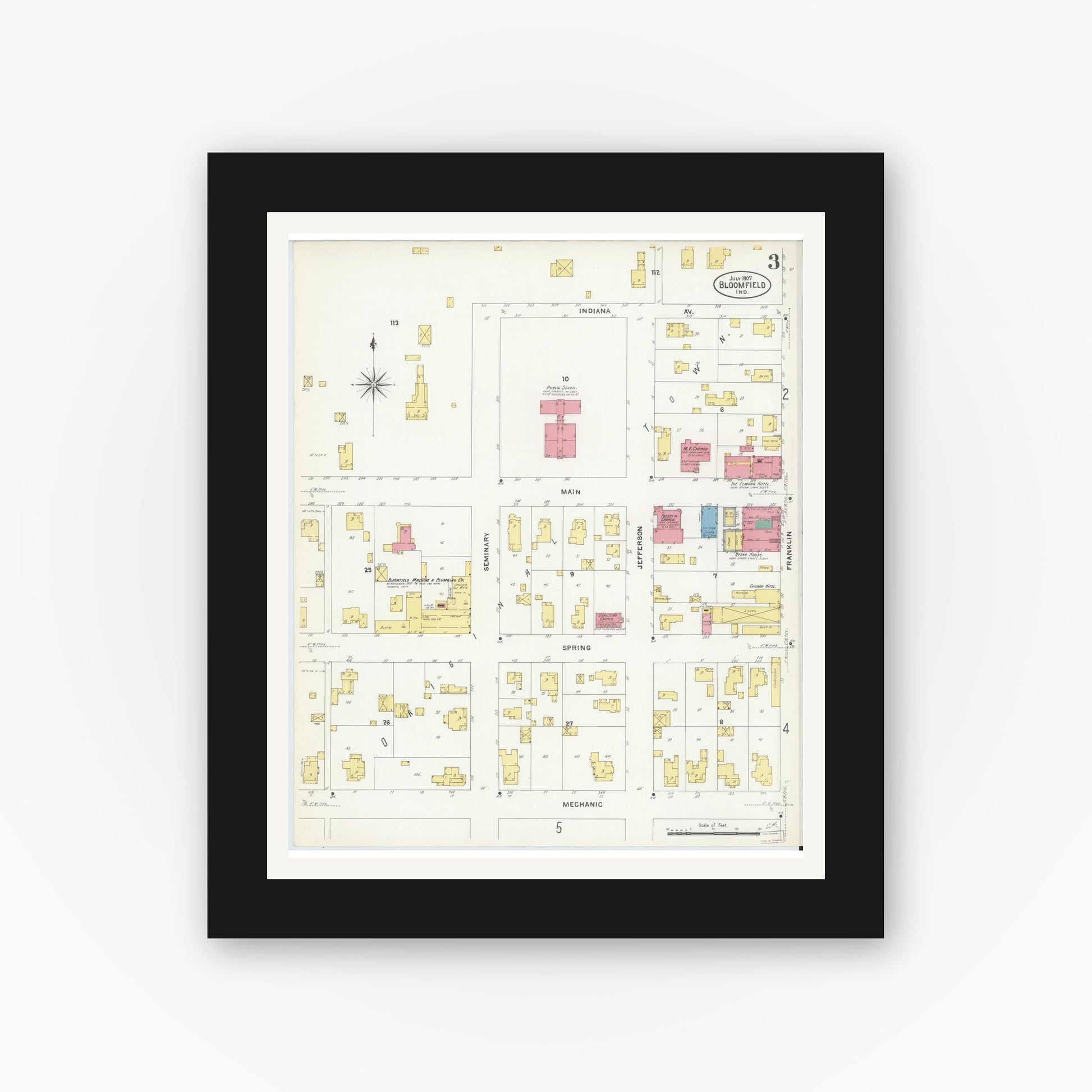 Old map wall art mockup — black gallery frame with white mat — Sanborn Fire Insurance Map from Bloomfield, Greene County, Indiana (1907), Sheet #0003