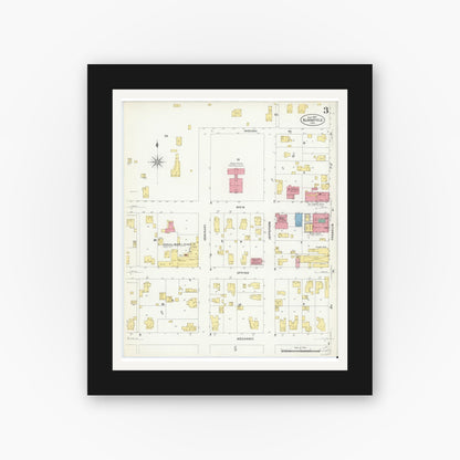 Old map wall art mockup — black gallery frame with white mat — Sanborn Fire Insurance Map from Bloomfield, Greene County, Indiana (1907), Sheet #0003