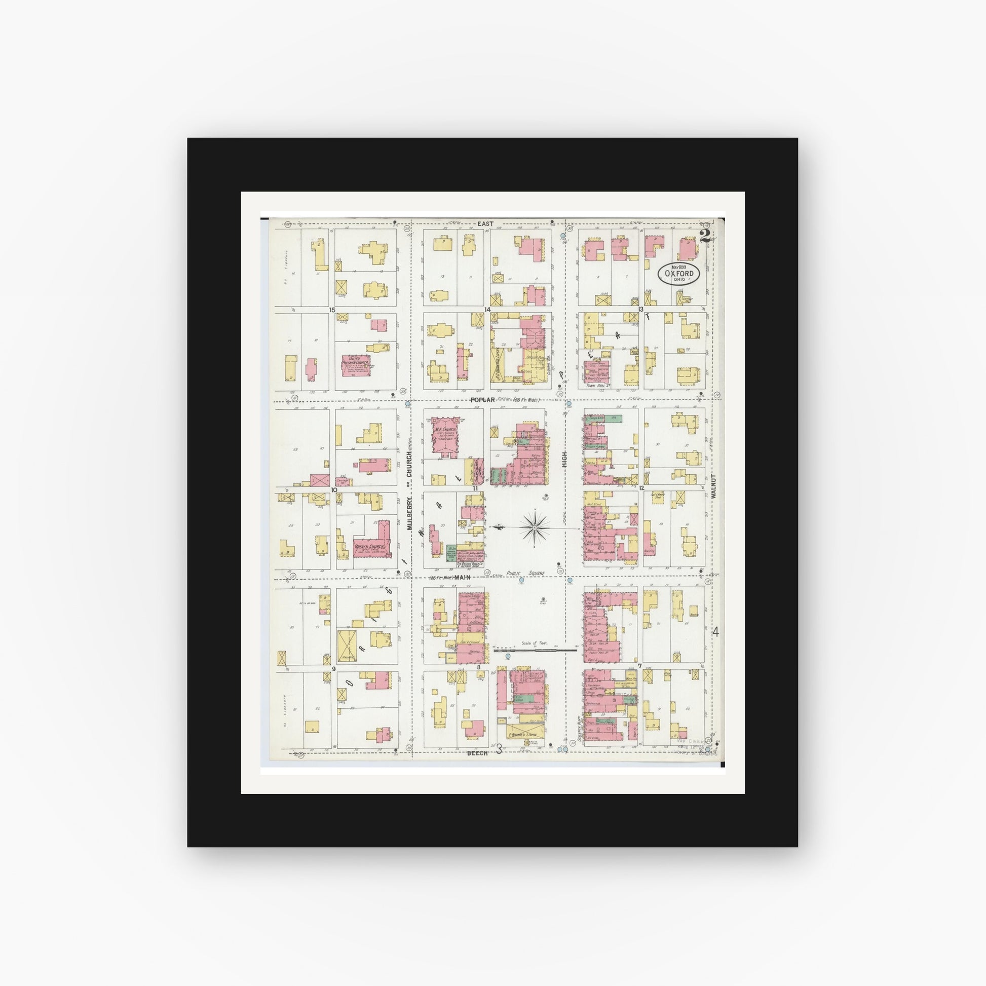 Old map wall art mockup — black gallery frame with white mat — Sanborn Fire Insurance Map from Oxford, Butler County, Ohio (1899), Sheet #0002