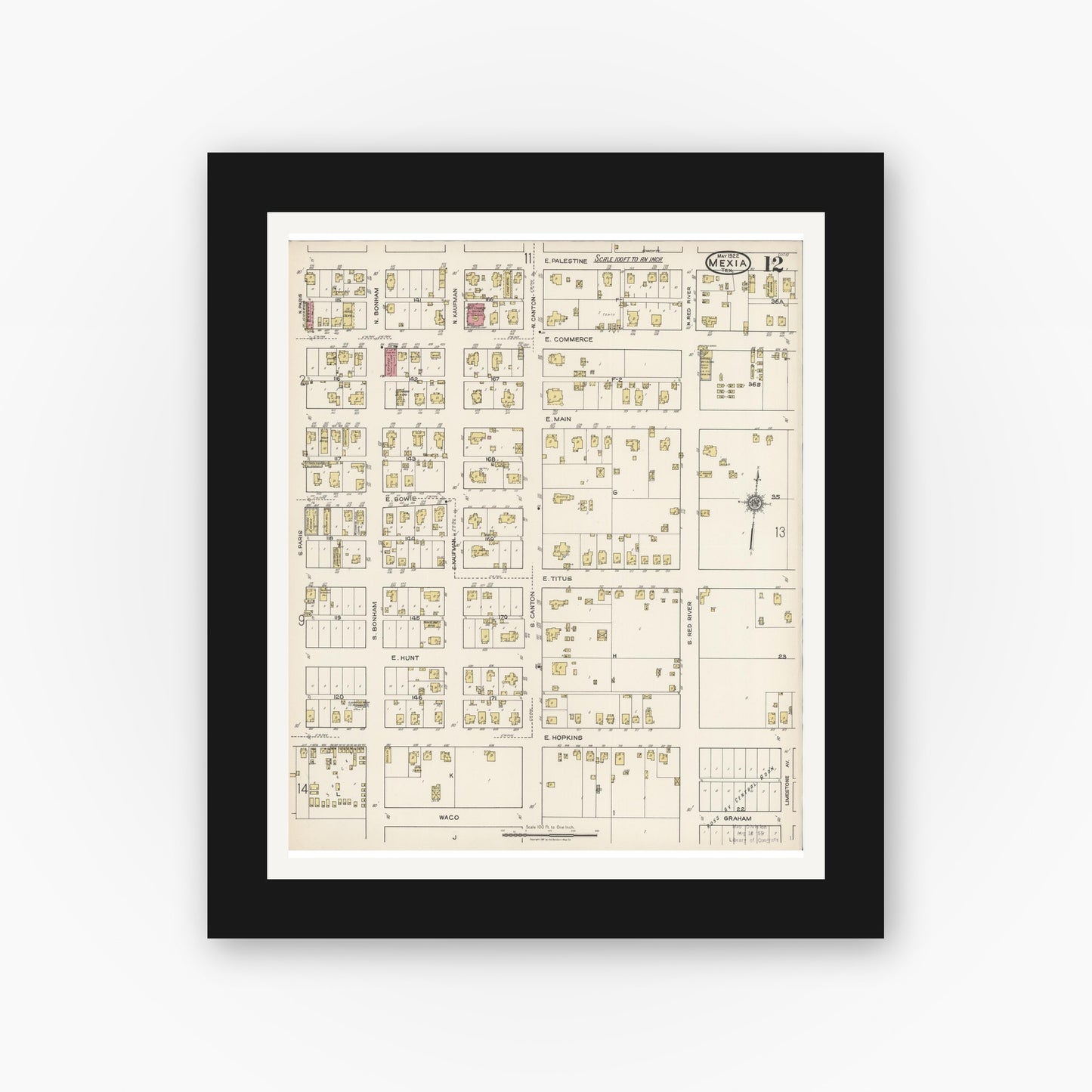 Old map wall art mockup — black gallery frame with white mat — Sanborn Fire Insurance Map from Mexia, Limestone County, Texas (1922), Sheet #0012