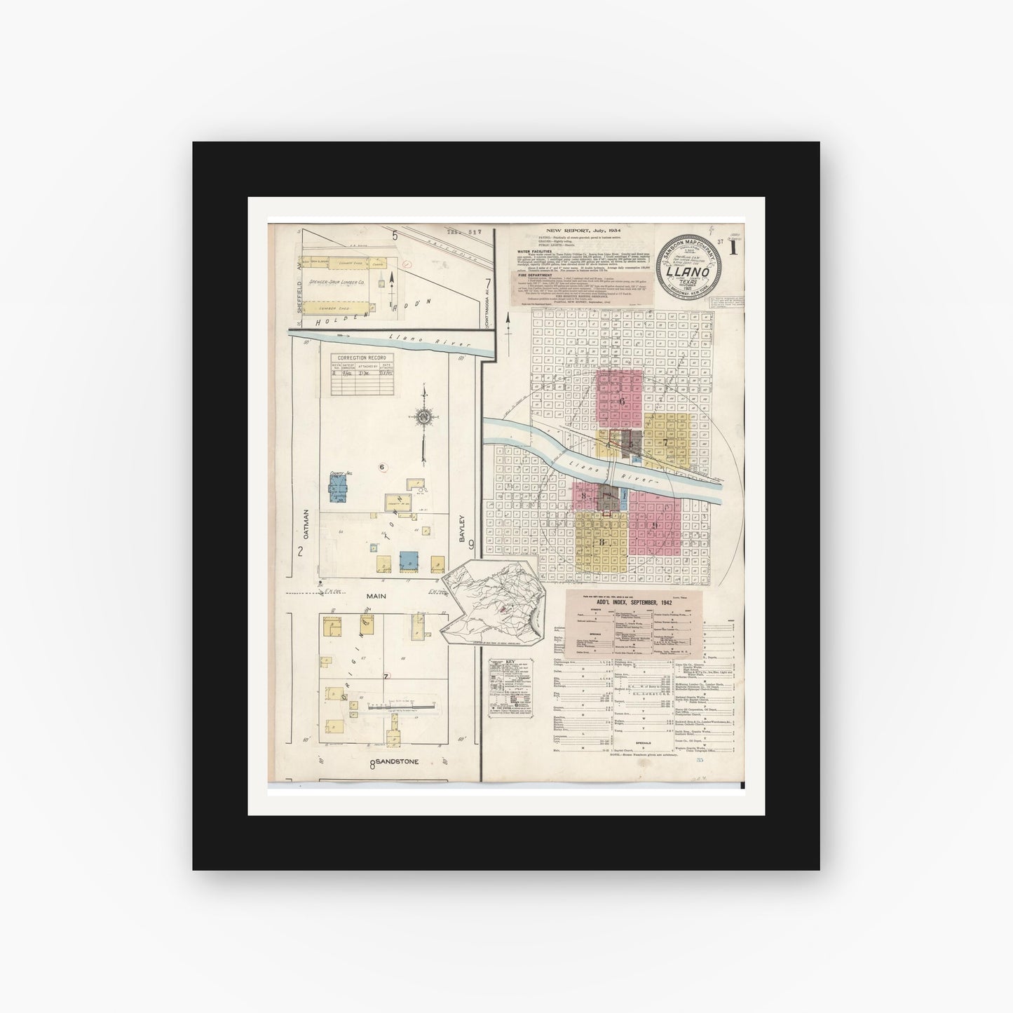 Old map wall art mockup — black gallery frame with white mat — Sanborn Fire Insurance Map from Llano, Llano County, Texas (1942) - Complete Map Set