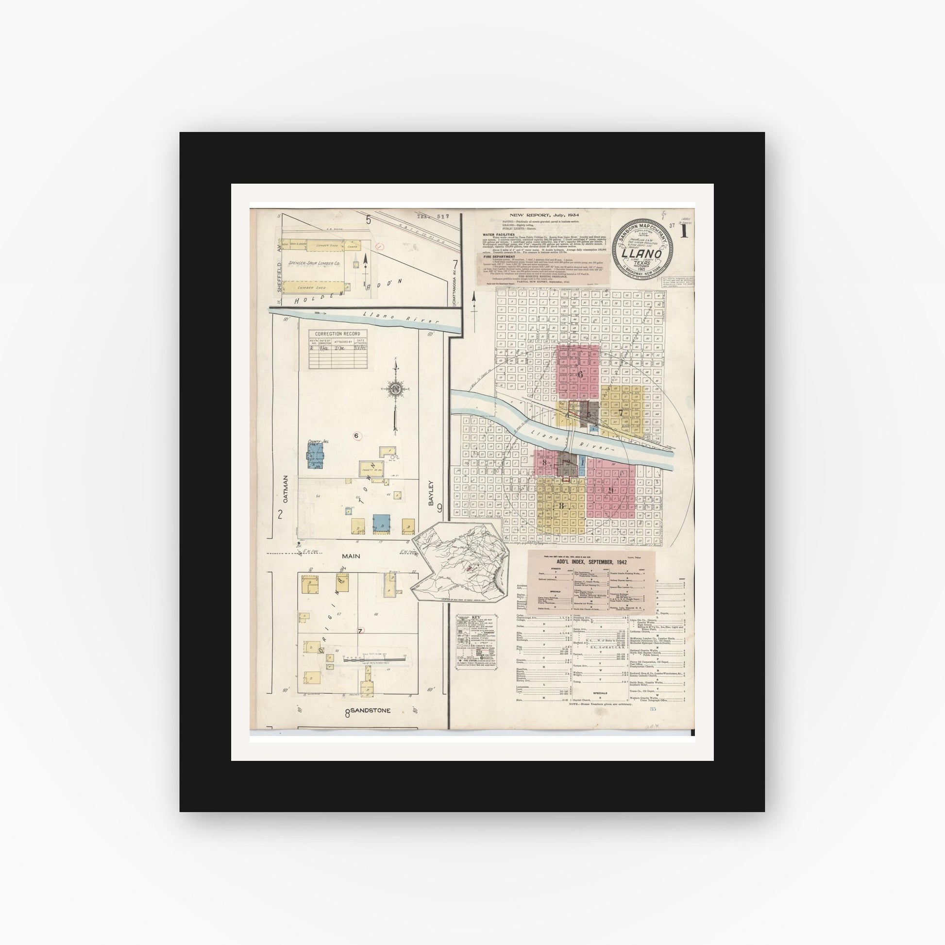 Old map wall art mockup — black gallery frame with white mat — Sanborn Fire Insurance Map from Llano, Llano County, Texas (1942) - Complete Map Set