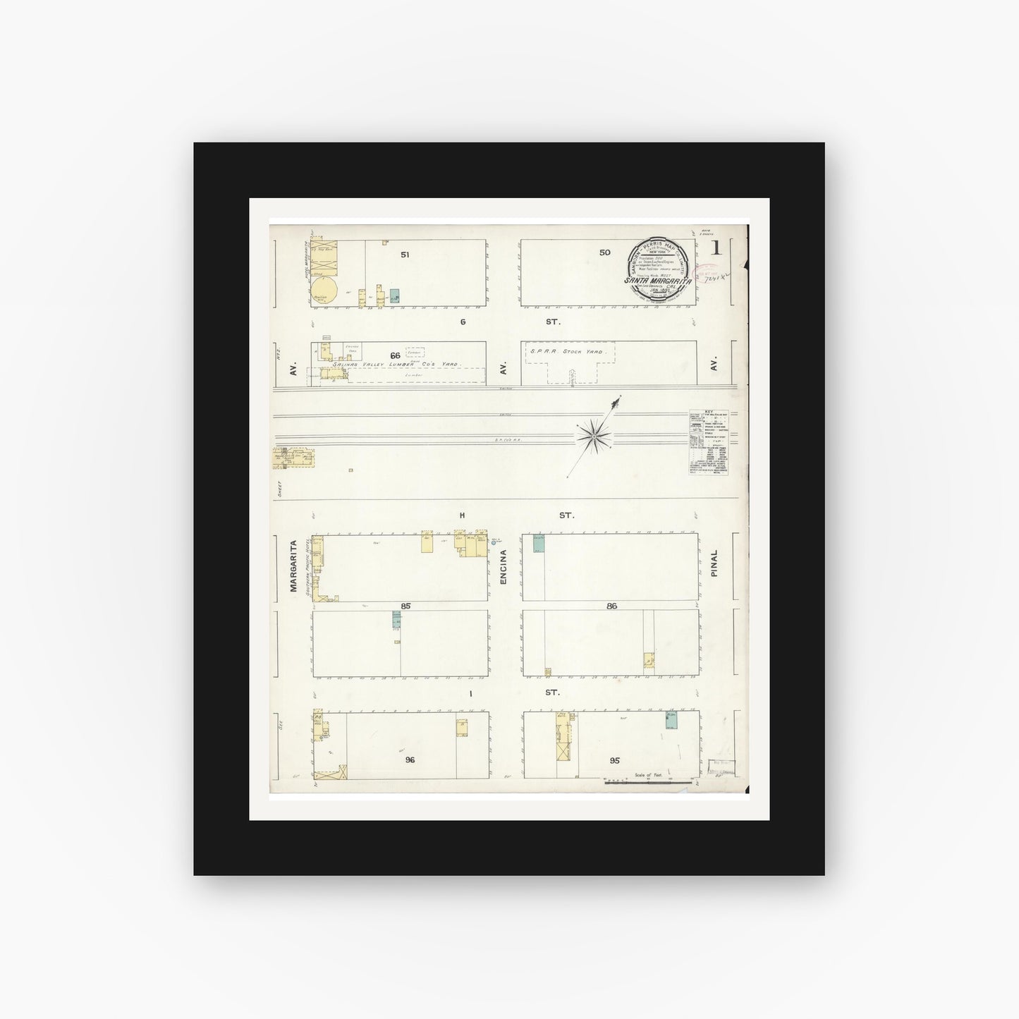 Old map wall art mockup — black gallery frame with white mat — Sanborn Fire Insurance Map from Santa Margarita, San Luis Obispo County, California (1892) - Complete Map Set