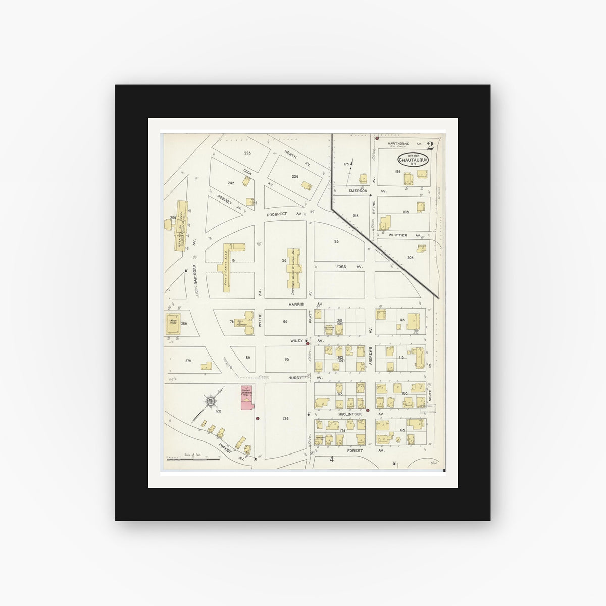 Old map wall art mockup — black gallery frame with white mat — Sanborn Fire Insurance Map from Chautauqua, Chautauqua County, New York (1912), Sheet #0002