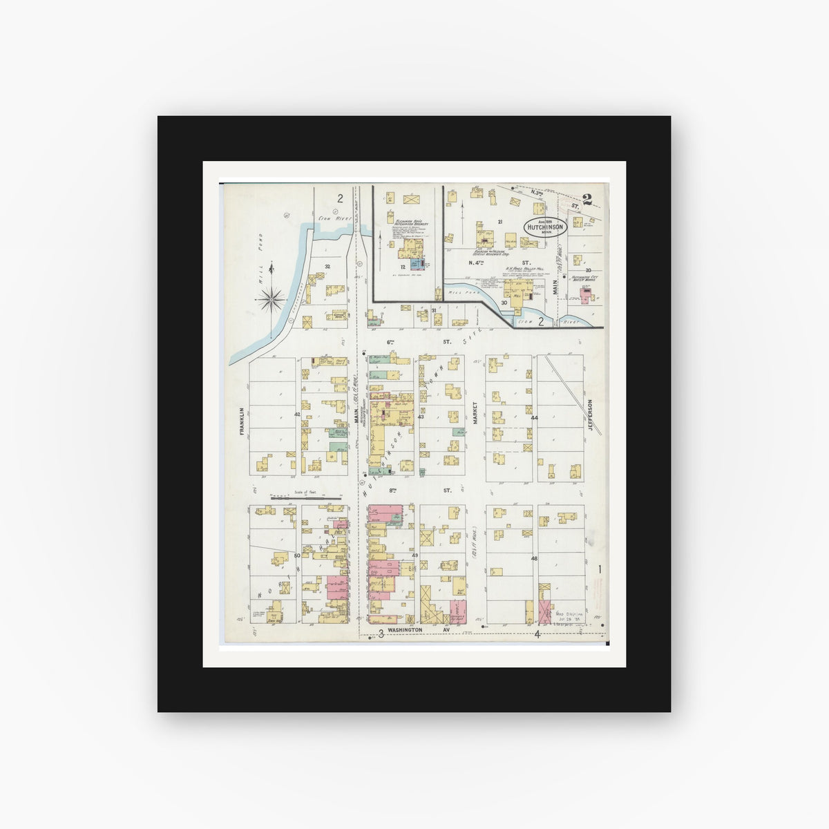 Old map wall art mockup — black gallery frame with white mat — Sanborn Fire Insurance Map from Hutchinson, Mcleod County, Minnesota (1899), Sheet #0002