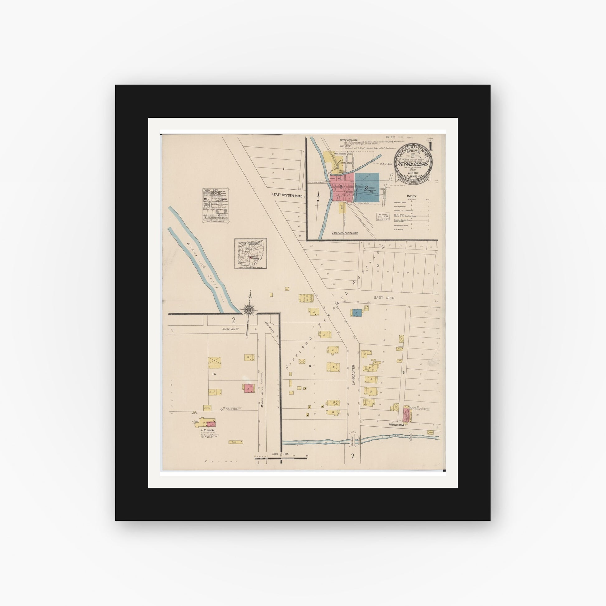Old map wall art mockup — black gallery frame with white mat — Sanborn Fire Insurance Map from Reynoldsburg, Franklin County, Ohio (1922), Sheet #0001