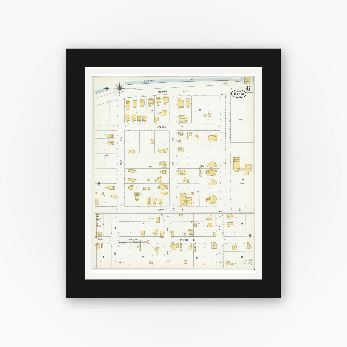 Old map wall art mockup — black gallery frame with white mat — Sanborn Fire Insurance Map from Miami, Dade County, Florida (1903), Sheet #0006