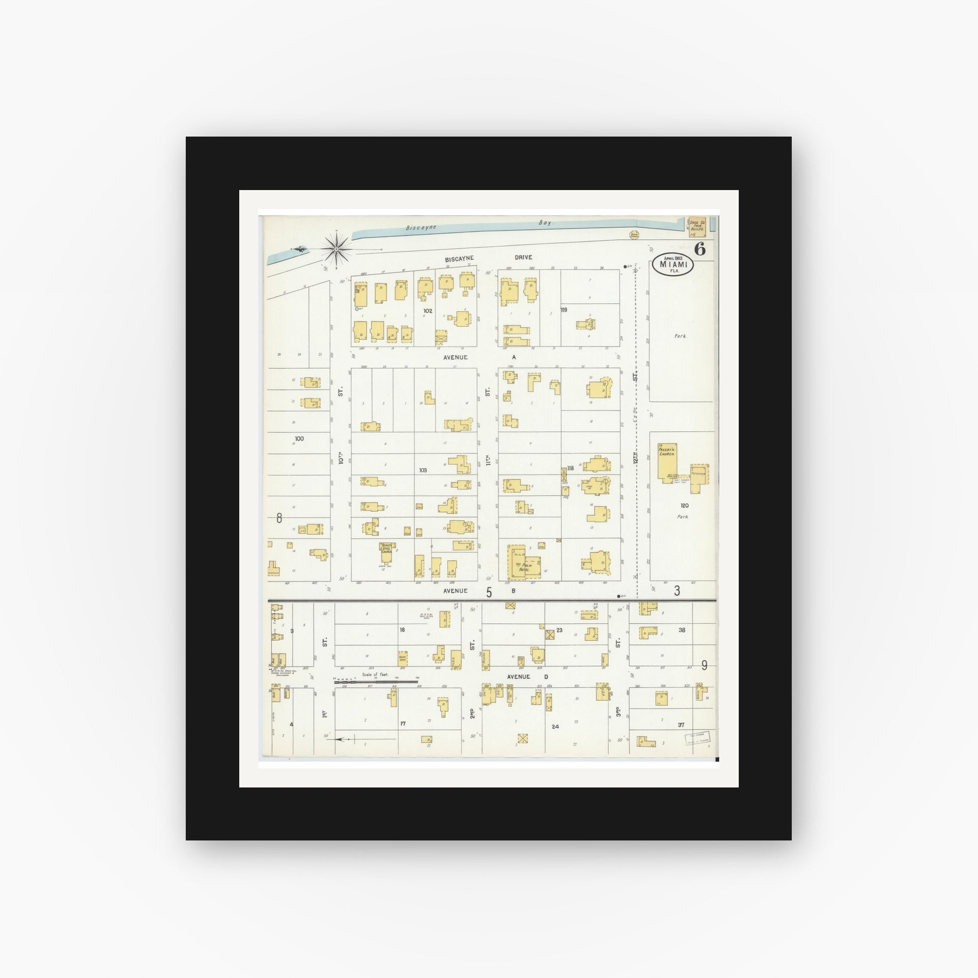 Old map wall art mockup — black gallery frame with white mat — Sanborn Fire Insurance Map from Miami, Dade County, Florida (1903), Sheet #0006