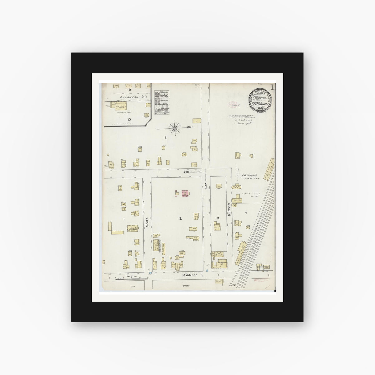 Old map wall art mockup — black gallery frame with white mat — Sanborn Fire Insurance Map from Savannah, Wayne County, New York (1890), Sheet #0001