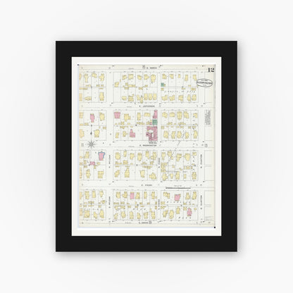 Old map wall art mockup — black gallery frame with white mat — Sanborn Fire Insurance Map from Bloomington, McLean County, Illinois (1896), Sheet #0012