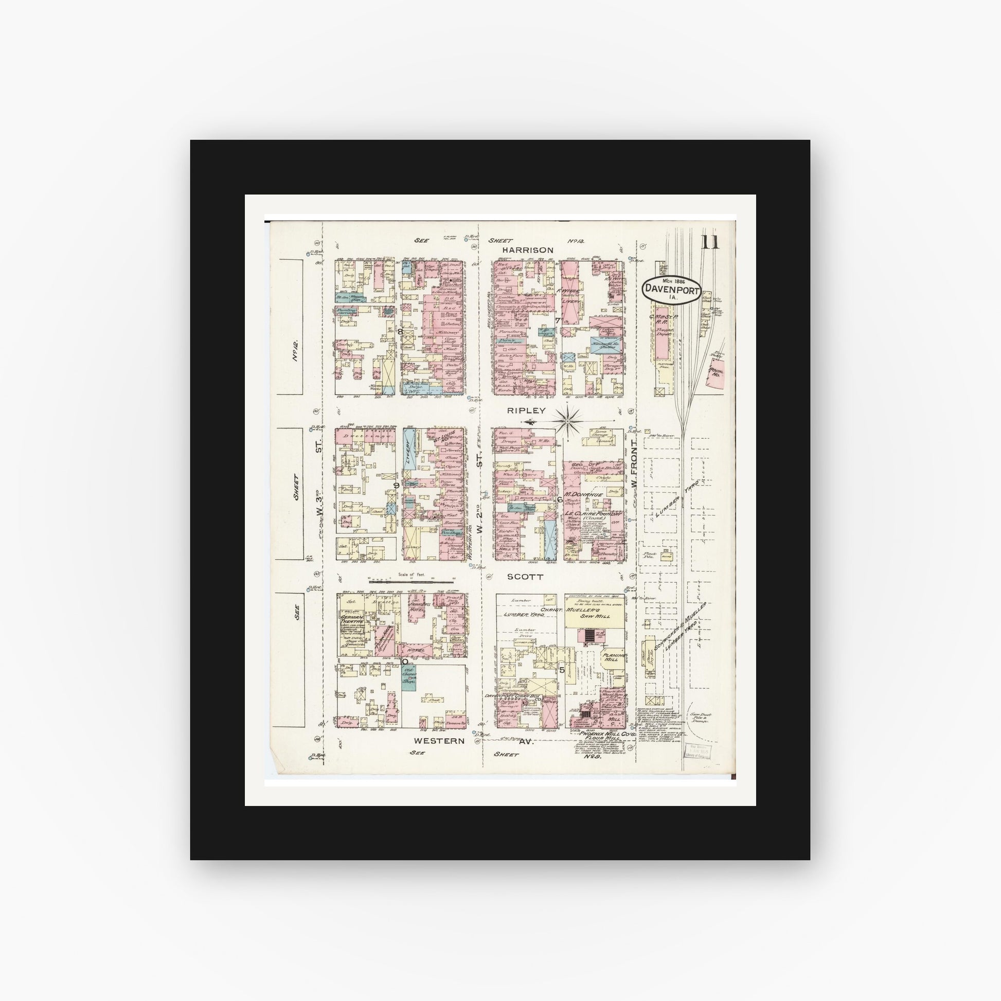 Old map wall art mockup — black gallery frame with white mat — Sanborn Fire Insurance Map from Davenport, Scott County, Iowa (1886), Sheet #0011