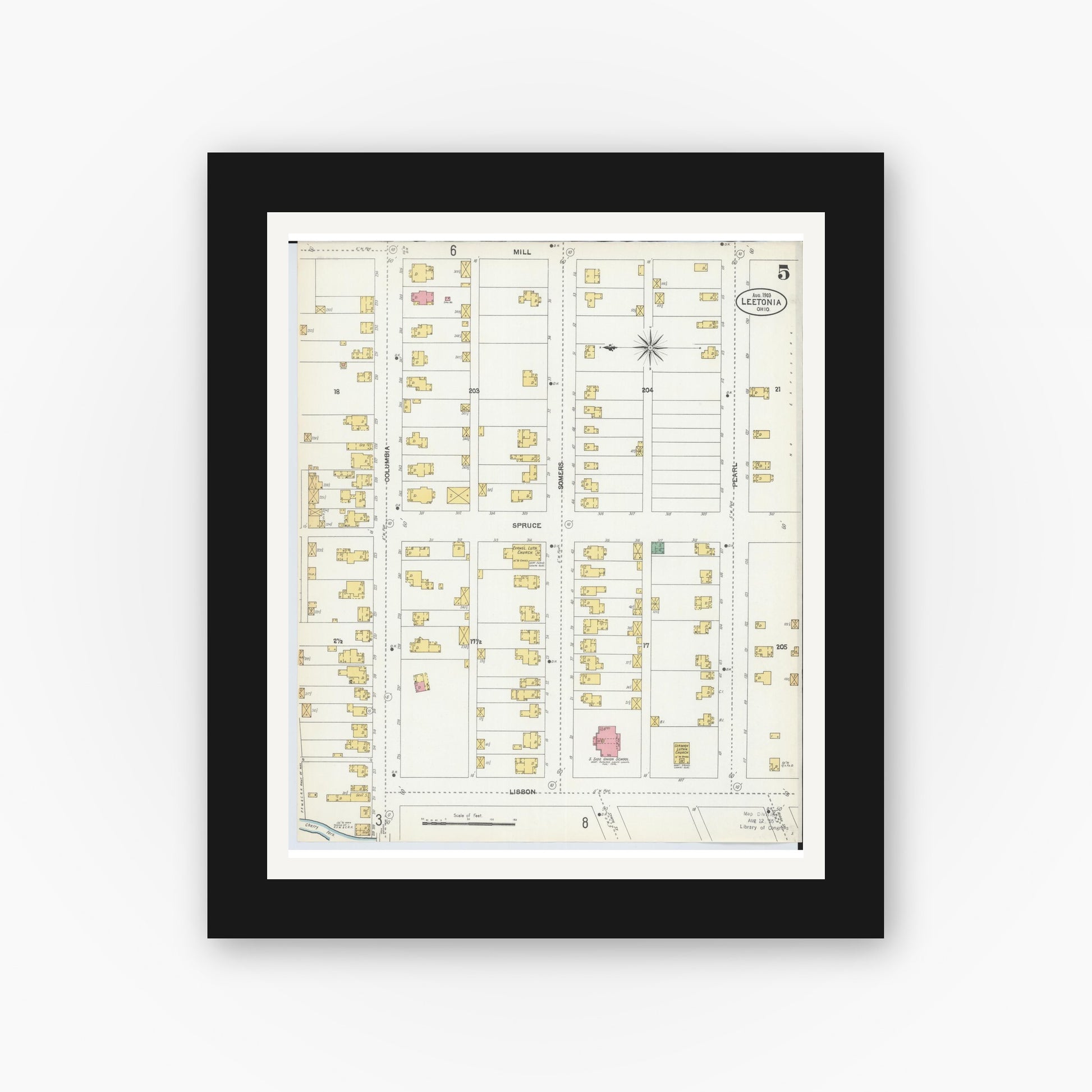 Old map wall art mockup — black gallery frame with white mat — Sanborn Fire Insurance Map from Leetonia, Columbiana County, Ohio (1903), Sheet #0005