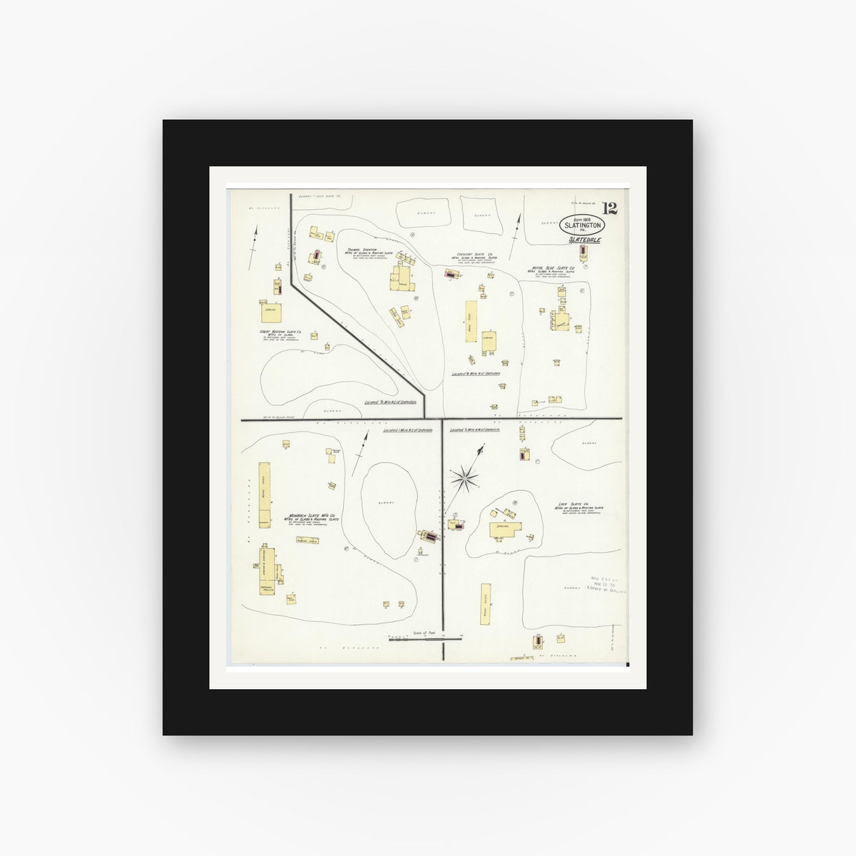 Old map wall art mockup — black gallery frame with white mat — Sanborn Fire Insurance Map from Slatington, Lehigh County, Pennsylvania (1908), Sheet #0012