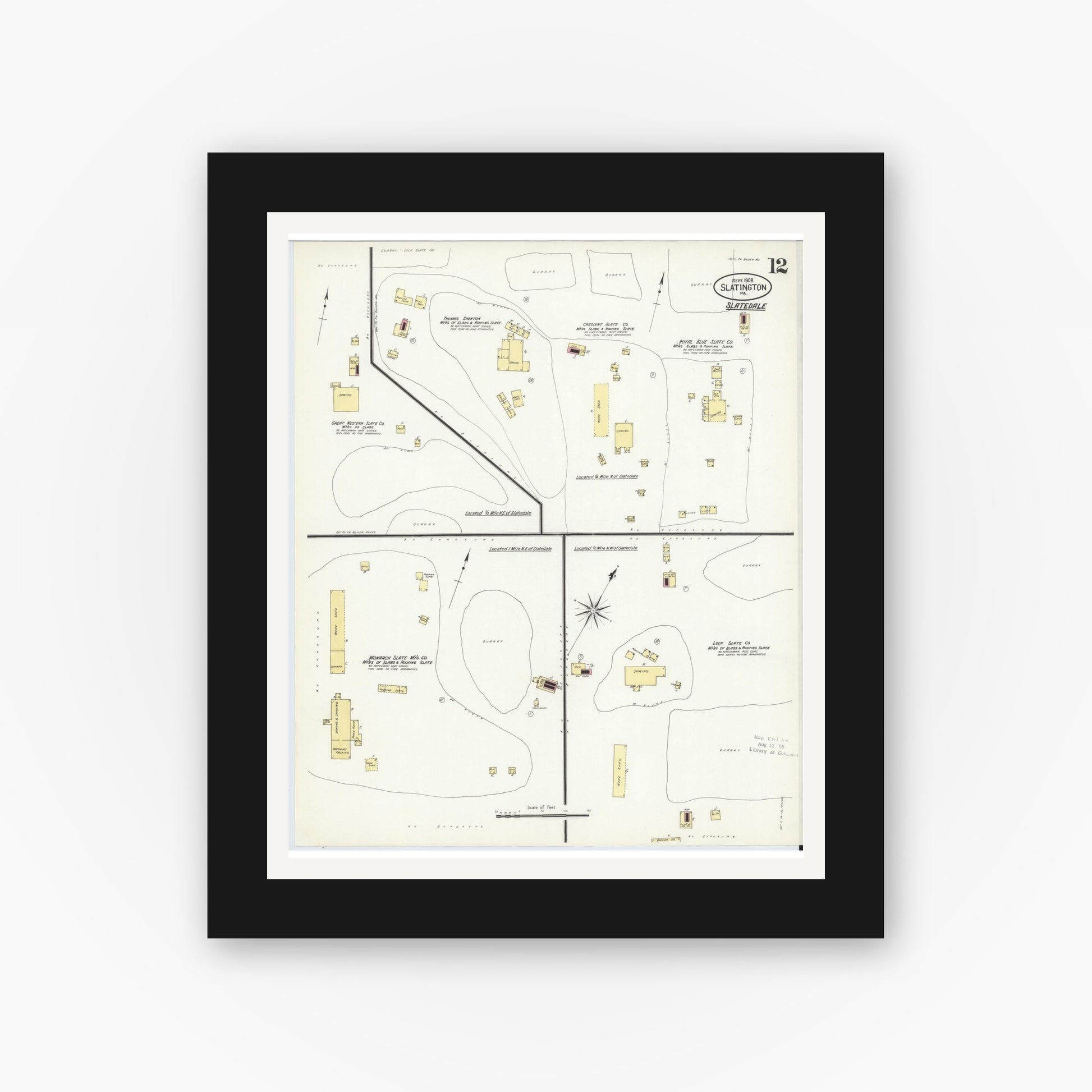Old map wall art mockup — black gallery frame with white mat — Sanborn Fire Insurance Map from Slatington, Lehigh County, Pennsylvania (1908), Sheet #0012