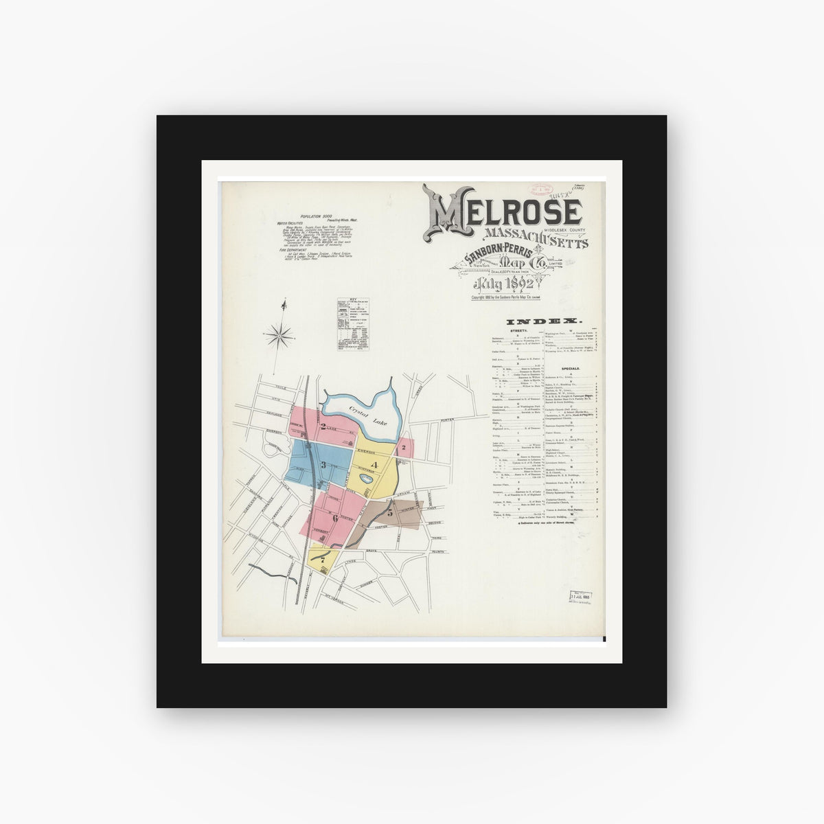 Old map wall art mockup — black gallery frame with white mat — Sanborn Fire Insurance Map from Melrose, Middlesex County, Massachusetts (1892), Sheet #0001