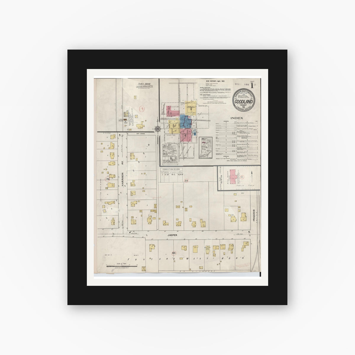 Old map wall art mockup — black gallery frame with white mat — Sanborn Fire Insurance Map from Goodland, Newton County, Indiana (1933) - Complete Map Set