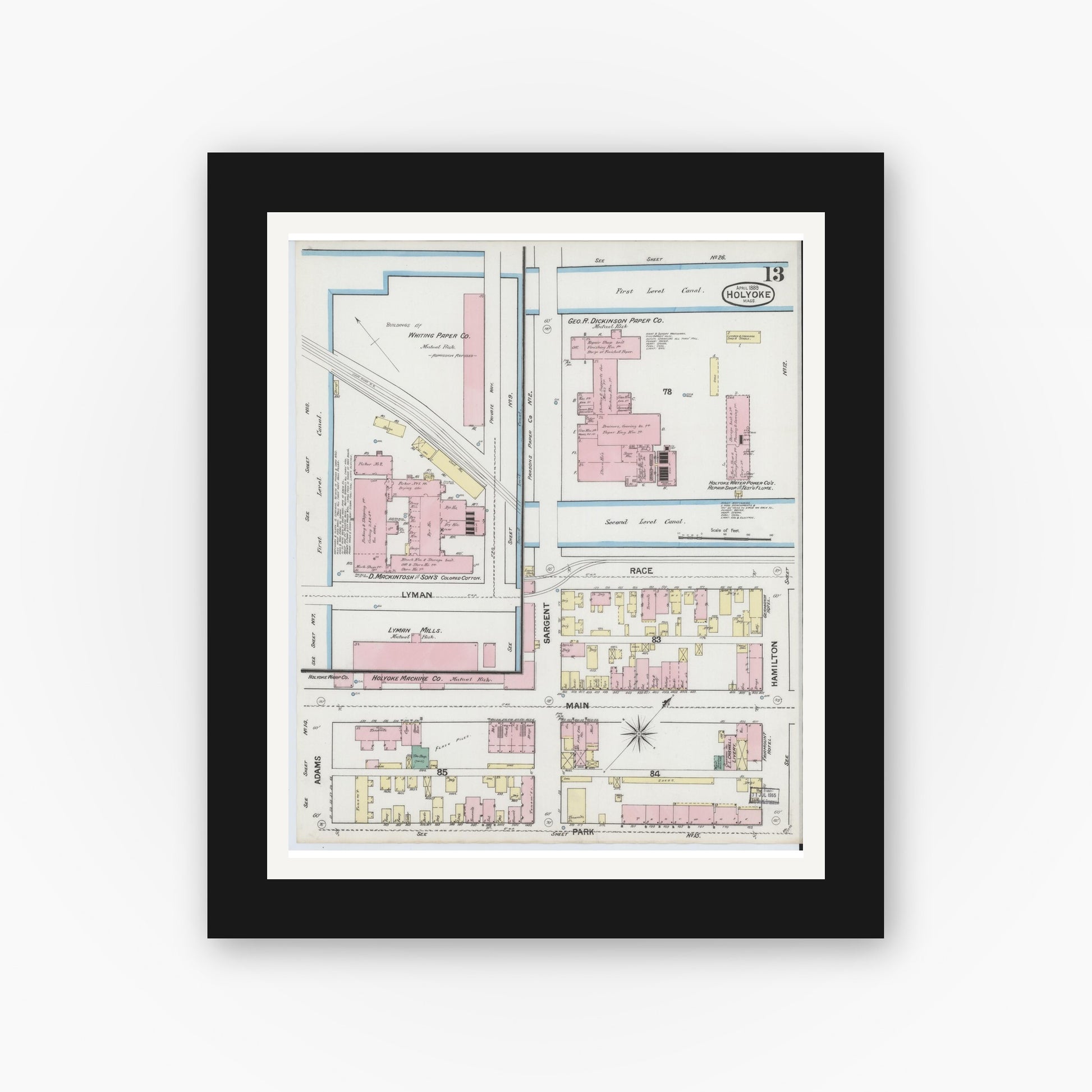 Old map wall art mockup — black gallery frame with white mat — Sanborn Fire Insurance Map from Holyoke, Hampden County, Massachusetts (1889), Sheet #0013