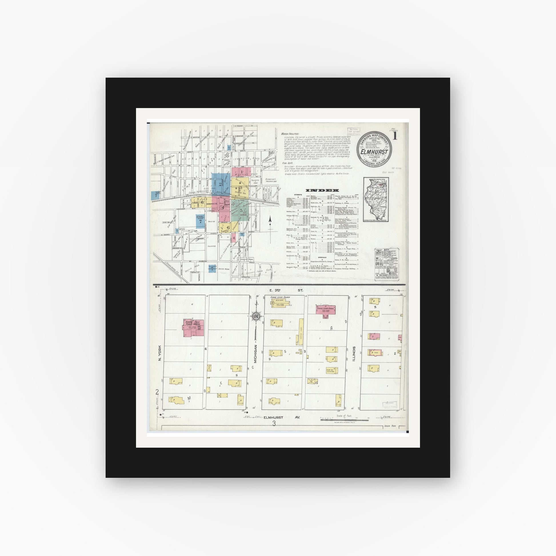 Old map wall art mockup — black gallery frame with white mat — Sanborn Fire Insurance Map from Elmhurst, Du Page County, Illinois (1918), Sheet #0001