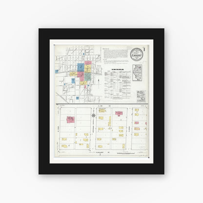 Old map wall art mockup — black gallery frame with white mat — Sanborn Fire Insurance Map from Elmhurst, Du Page County, Illinois (1918), Sheet #0001