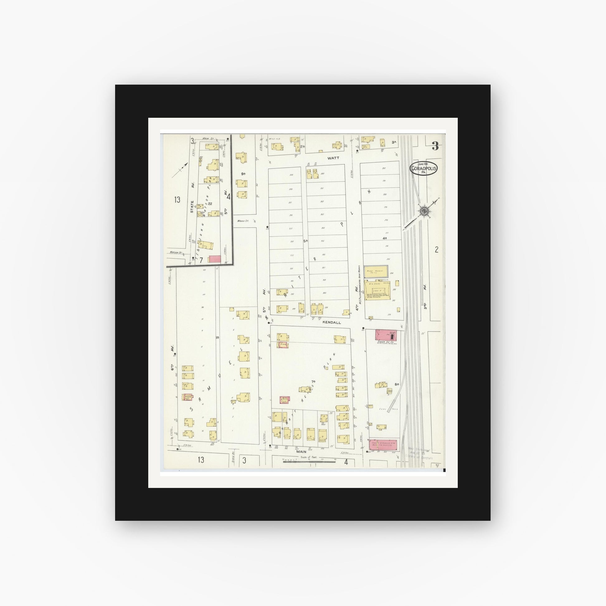 Old map wall art mockup — black gallery frame with white mat — Sanborn Fire Insurance Map from Coraopolis, Allegheny County, Pennsylvania (1911), Sheet #0003