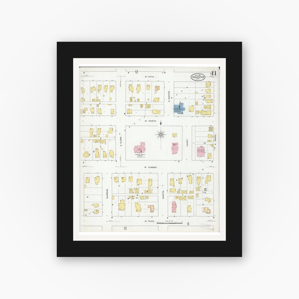 Old map wall art mockup — black gallery frame with white mat — Sanborn Fire Insurance Map from Rochester, Olmsted County, Minnesota (1909), Sheet #0011