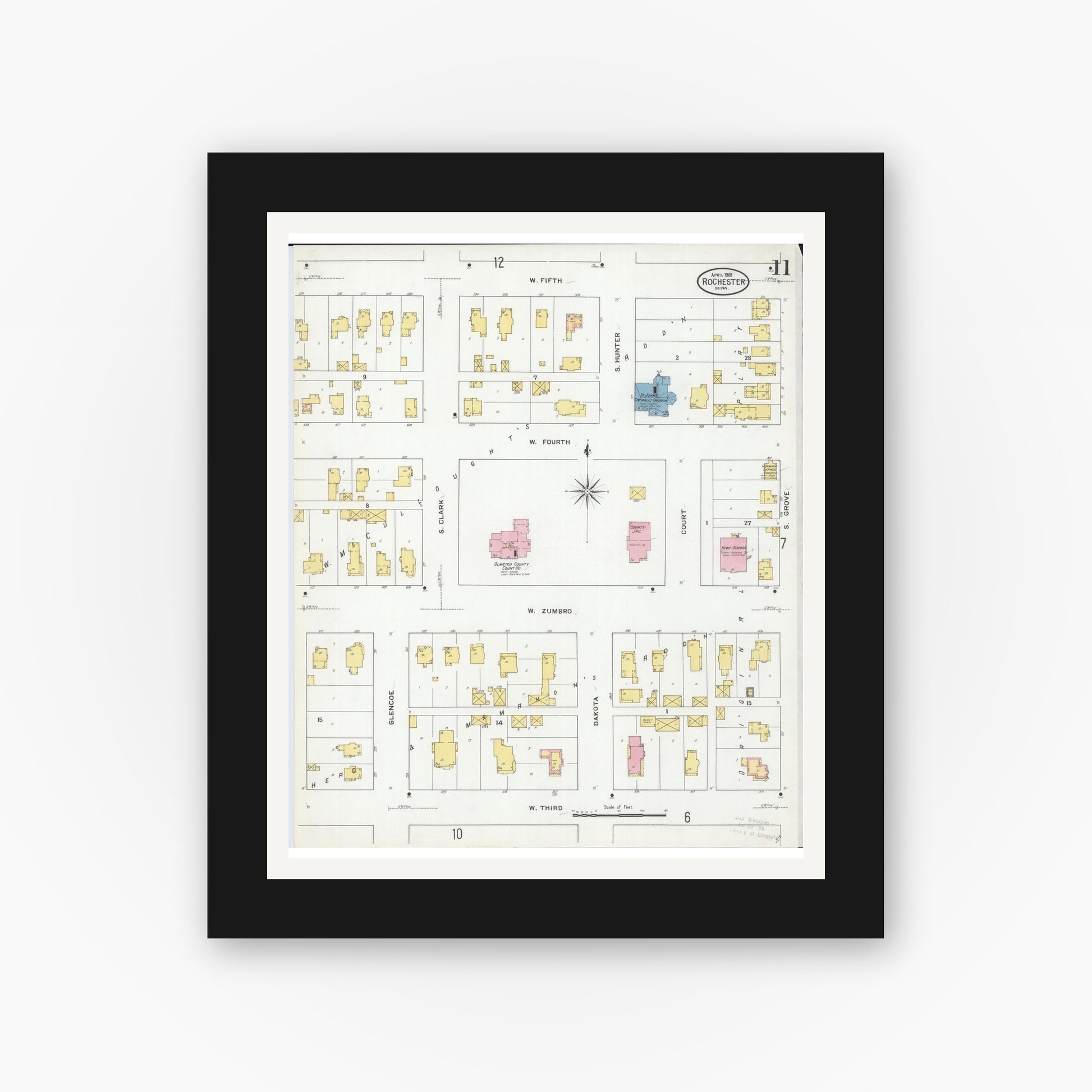 Old map wall art mockup — black gallery frame with white mat — Sanborn Fire Insurance Map from Rochester, Olmsted County, Minnesota (1909), Sheet #0011
