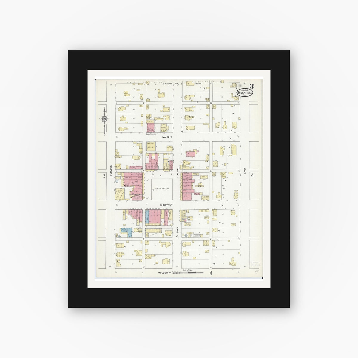 Old map wall art mockup — black gallery frame with white mat — Sanborn Fire Insurance Map from Greenfield, Greene County, Illinois (1914), Sheet #0003