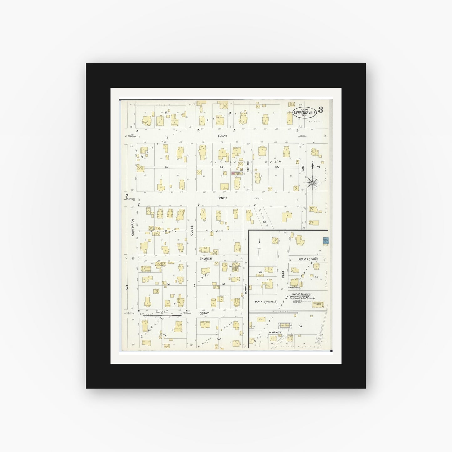 Old map wall art mockup — black gallery frame with white mat — Sanborn Fire Insurance Map from Lawrenceville, Lawrence County, Illinois (1908), Sheet #0003
