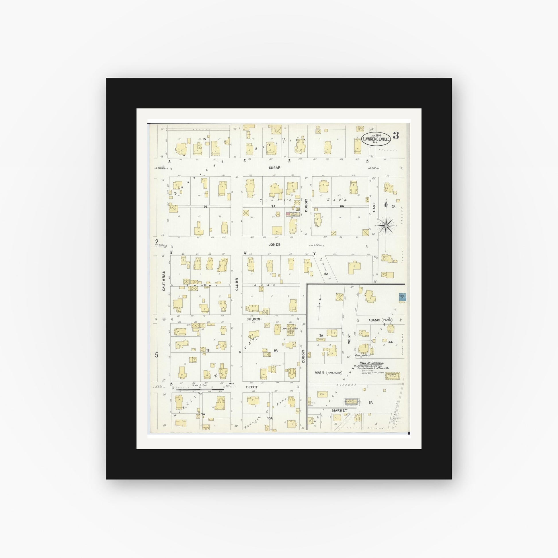 Old map wall art mockup — black gallery frame with white mat — Sanborn Fire Insurance Map from Lawrenceville, Lawrence County, Illinois (1908), Sheet #0003