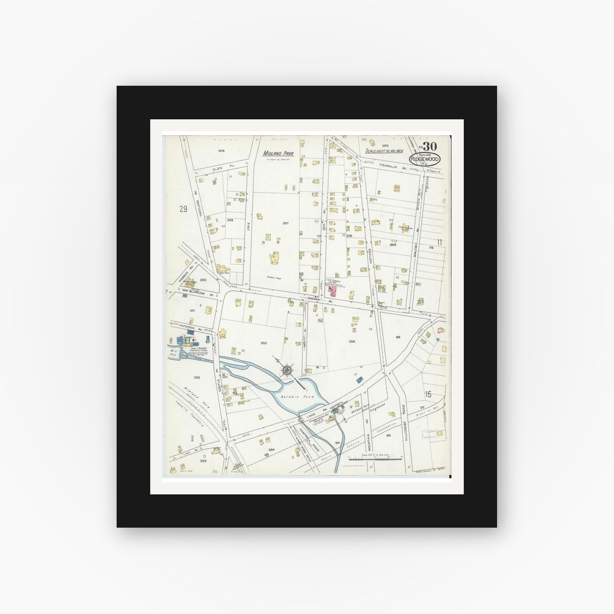 Old map wall art mockup — black gallery frame with white mat — Sanborn Fire Insurance Map from Ridgewood, Bergen County, New Jersey (1916), Sheet #0030