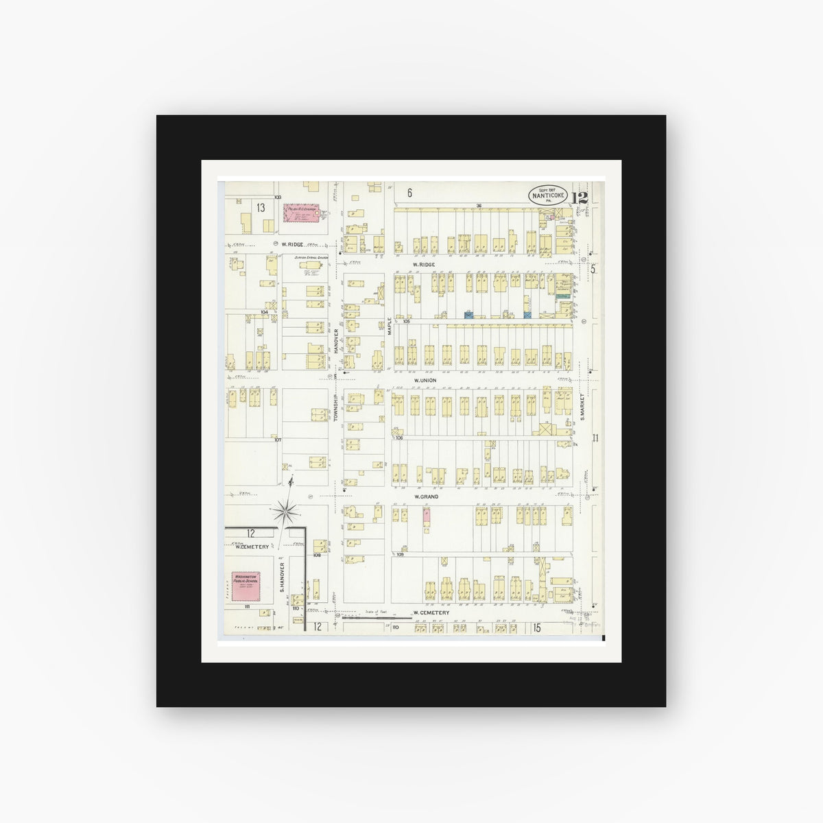 Old map wall art mockup — black gallery frame with white mat — Sanborn Fire Insurance Map from Nanticoke, Luzerne County, Pennsylvania (1907), Sheet #0012