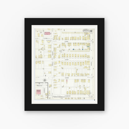 Old map wall art mockup — black gallery frame with white mat — Sanborn Fire Insurance Map from Nanticoke, Luzerne County, Pennsylvania (1907), Sheet #0012