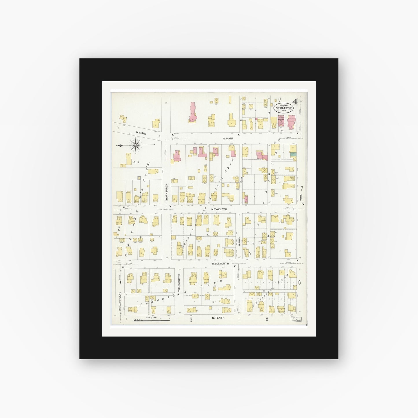 Old map wall art mockup — black gallery frame with white mat — Sanborn Fire Insurance Map from New Castle, Henry County, Indiana (1908), Sheet #0004