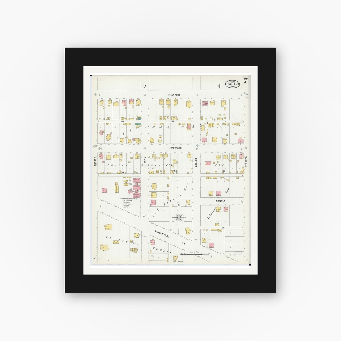 Old map wall art mockup — black gallery frame with white mat — Sanborn Fire Insurance Map from Highland, Madison County, Illinois (1899), Sheet #0007